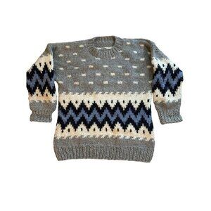 Sweater‎ Mens Wool Handknit Ski Bum Fisherman Heavy Thick Gray White Blue